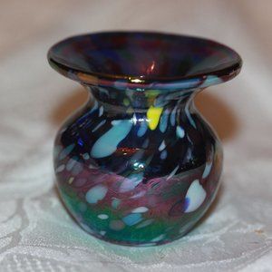 Iridescent Miniature Speckled Studio Art Glass Cabinet Vase Stamped 1935 BSN